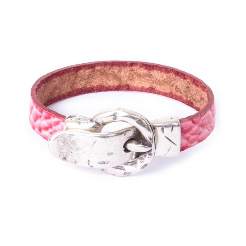 Pulsera de Cuero con Estampado Serpiente color rosa y cierre imantado en Hebilla